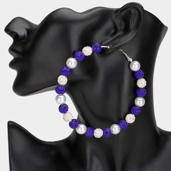 XL 4" Pearl & Shamballa Ball Beaded Oversized Hoop Earrings in Blue & White - Picture 1 of 1